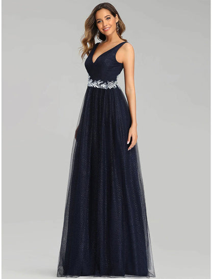 Vestidos de fiesta de corte A, estilo imperio, para invitados de boda, largo hasta el suelo, sin mangas, cuello en V, tul con apliques de lentejuelas