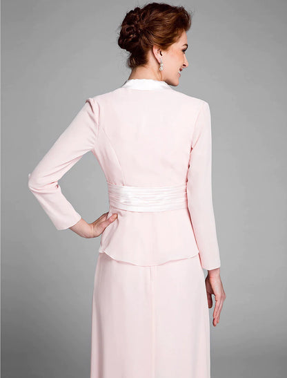 Vestido de sirena/trompeta para madre de la novia, convertible, escote redondo, largo hasta el suelo, gasa, manga larga, cruzado, incluido con faja/cinta