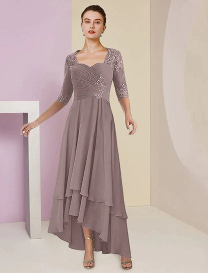 Two Piece A-Line Mother of the Bride Dress Formal Wedding Guest Elegant Square Neck Asymmetrical Tea Length Chiffon Lace 3/4 Length Sleeve Wrap Included with Ruched Tier Appliques