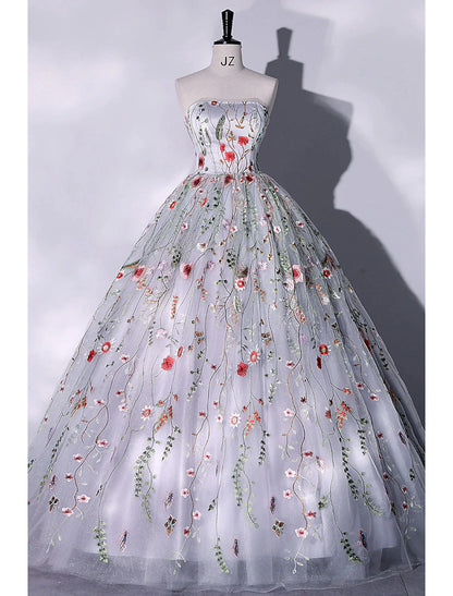 Vestido de noche elegante de quinceañera, largo hasta el suelo, sin mangas, sin tirantes, con encaje y apliques bordados con abertura.